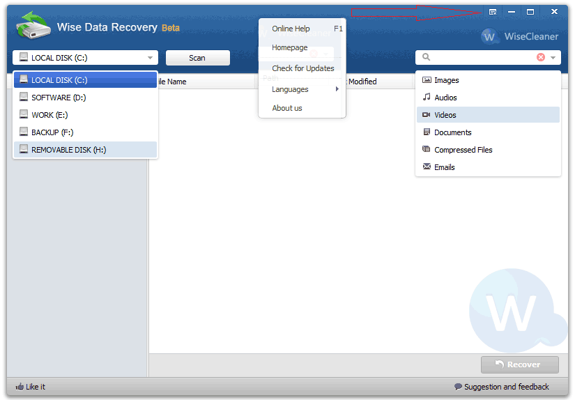 wise data recovery main interface