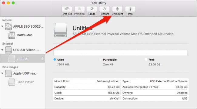 unmount disk in disk utility icon