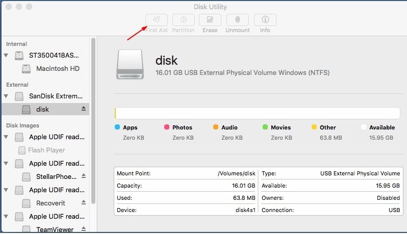 select the external device and then click on the first-aid function of disk utility