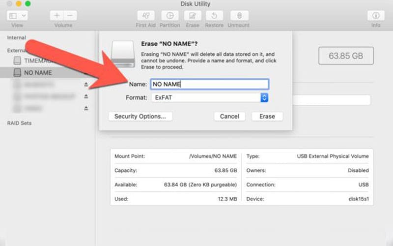 disk utility pointing SD card to format