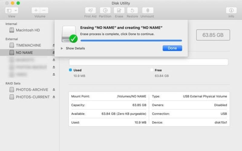 disk utility showing formatting process complete