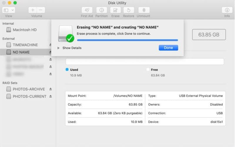 SD-Formatierungsvorgang auf dem MAC abgeschlossen