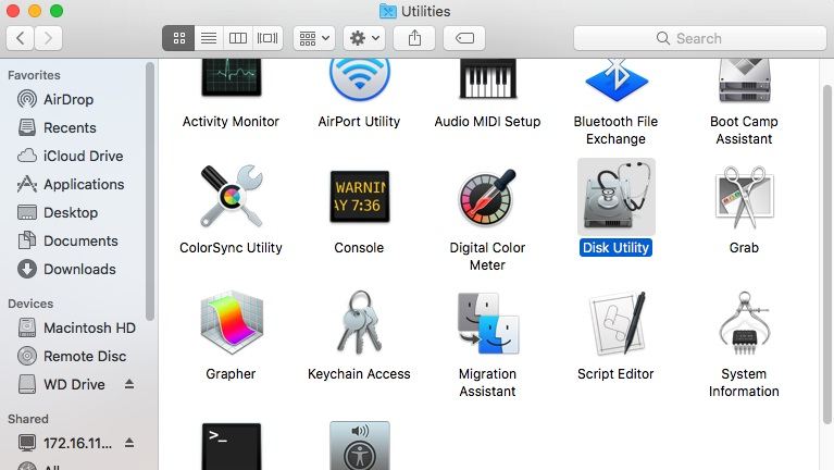 Click disk utility option