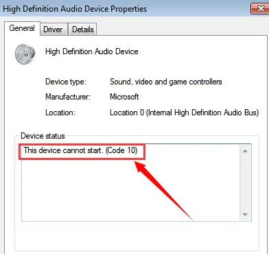 high definition audio device windows error 2