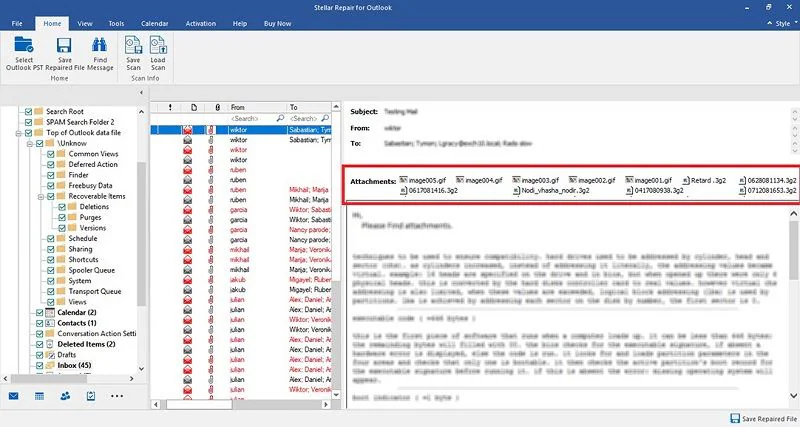 pratinjau file pst yang dipulihkan