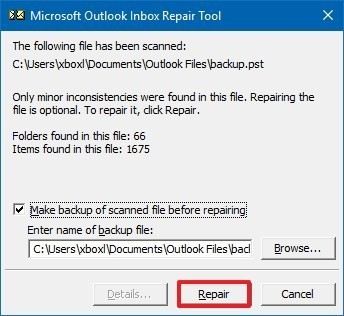 repair outlook 0x80042108 option