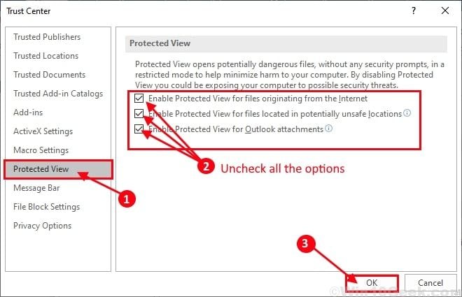 trust center settings protected view options