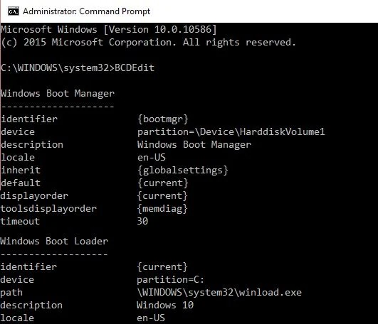 bcdedit command running