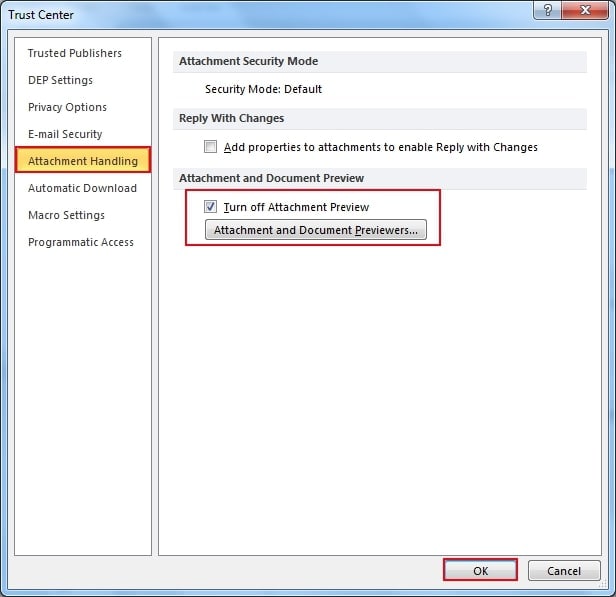 outlook preview settings for attachments