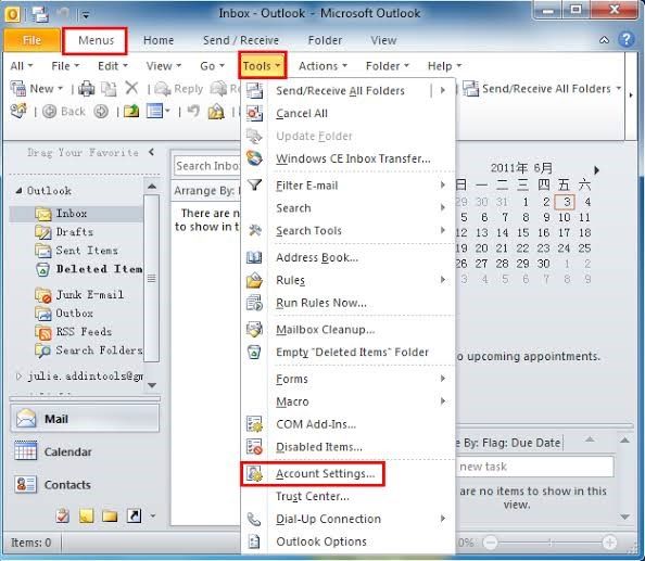 configurações da conta do Outlook 1