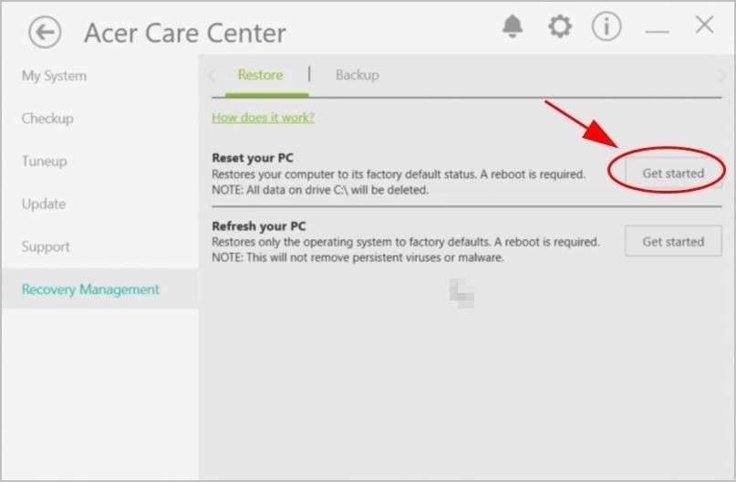 reset in acer care center 2