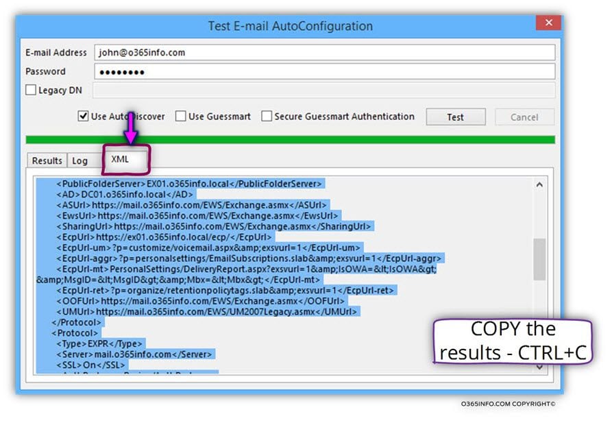 resultado de la prueba de configuración automática del correo electrónico