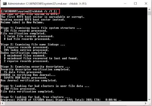 exécuter une analyse chkdsk