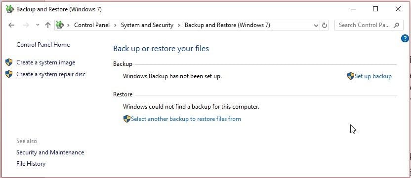 windows control panel and restore backup
