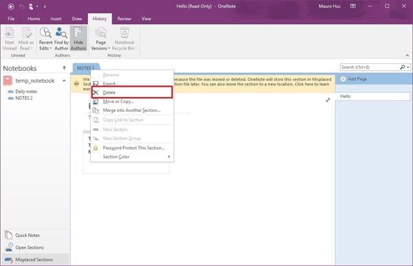 find misplaced section in onenote for mac