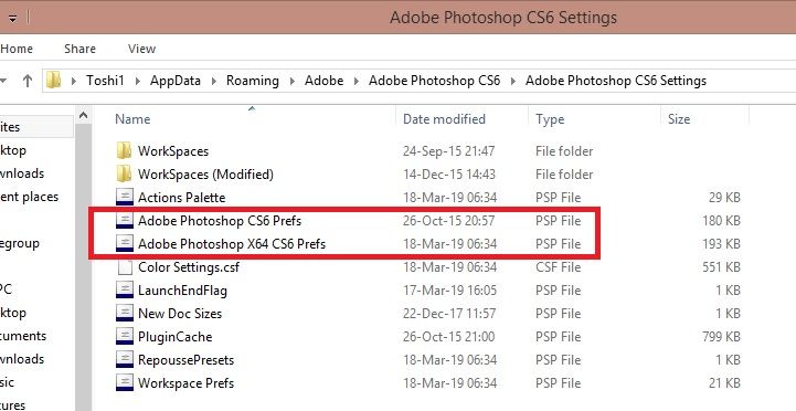 pilih dan tempatkan file preferensi photoshop ke desktop