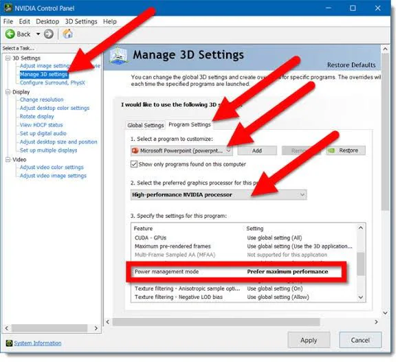 cambiar la configuración de energía en el panel de control de nvidia