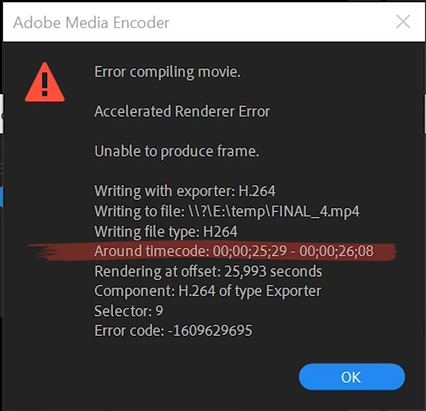 Cannot render. Неизвестная ошибка Adobe Premiere. Error compiling movie. Error code 1609629695. Премьер пишет Неизвестная ошибка.