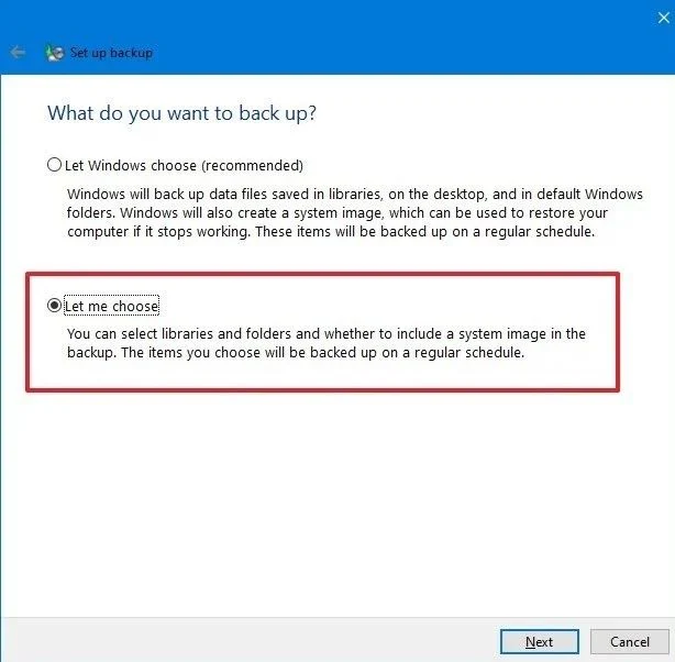 opzioni di backup di Windows