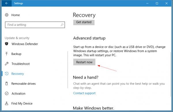 configuración de recuperación en windows 10
