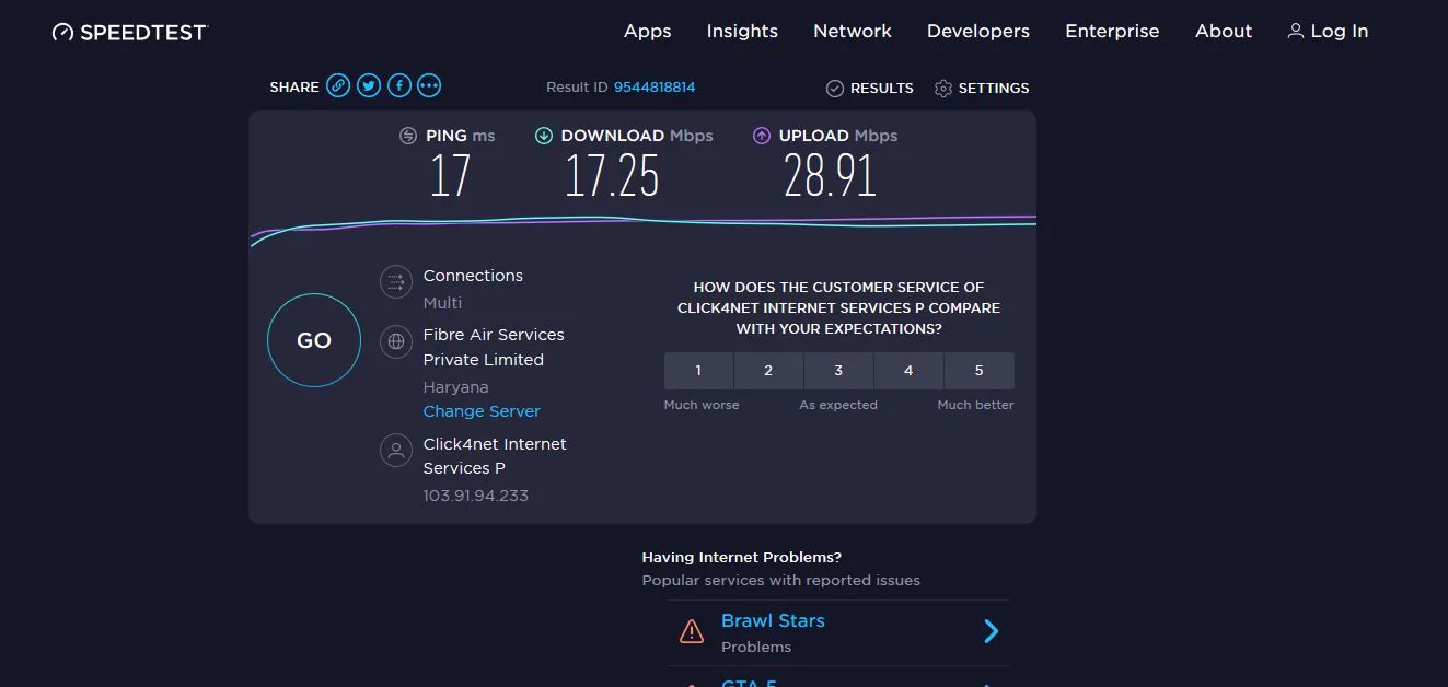 speed test results