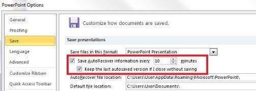 powerpoint autorecover enabled