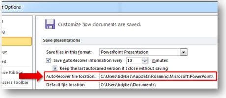 autorecover file location to recover unsaved powerpoint