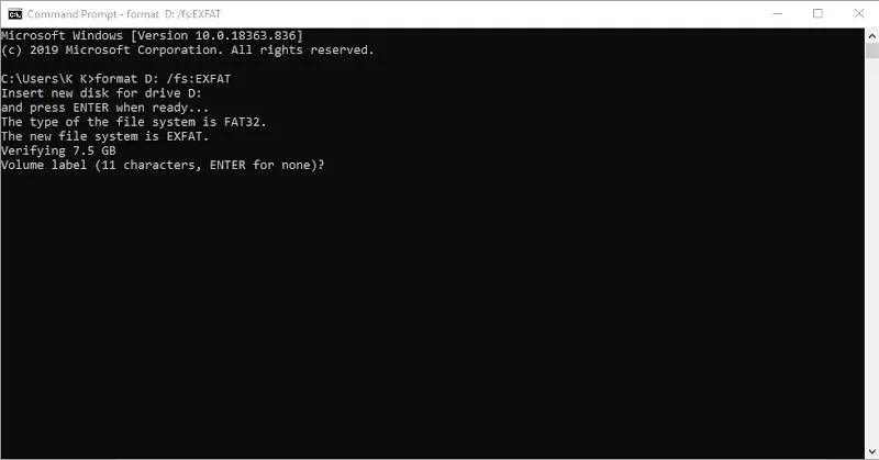 exfat format with command prompt