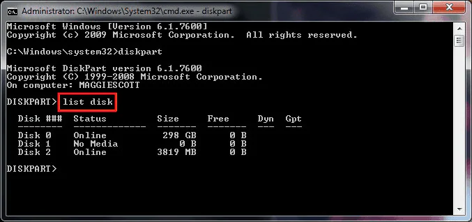 type list  disk