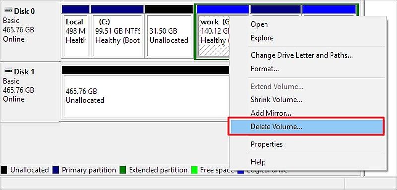 click on delete volume to remove the partition