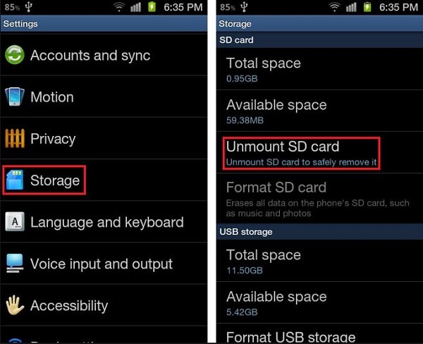Android Unmount SD Card