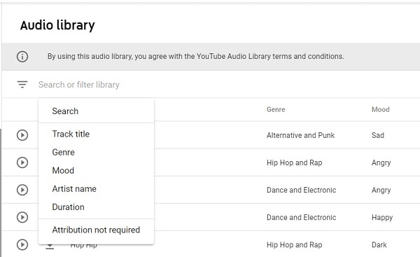 filters in youtube audio library