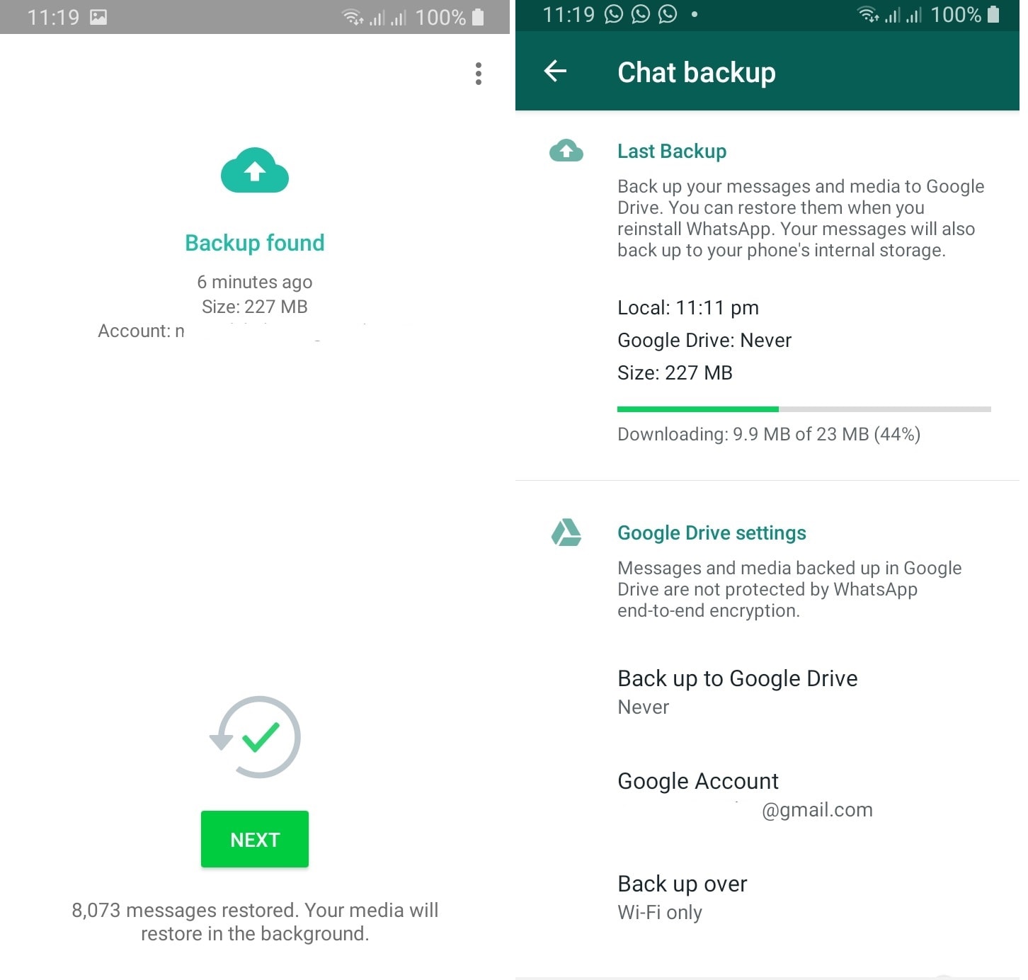 restaurando la copia de seguridad del chat de WhatsApp usando Google Drive