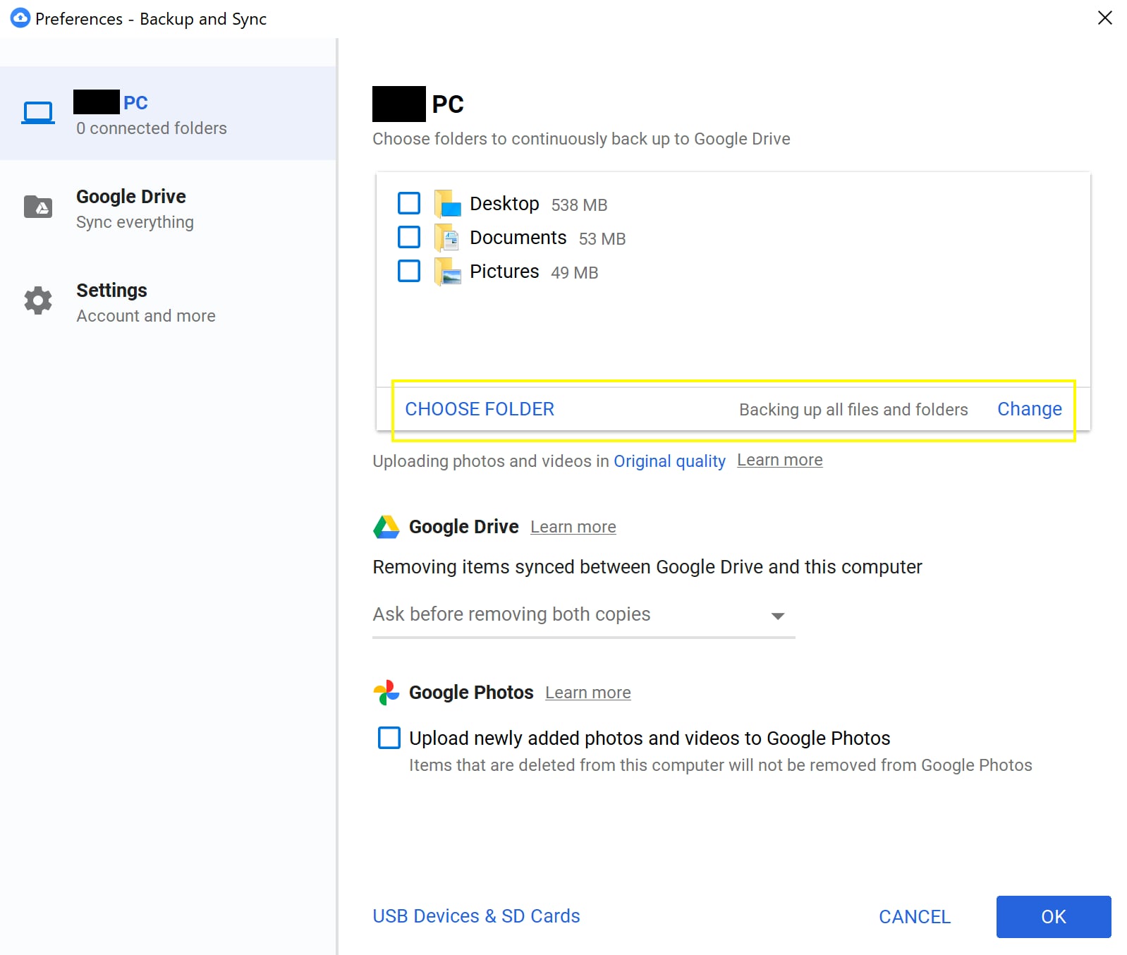 Google Drive Preferences Window