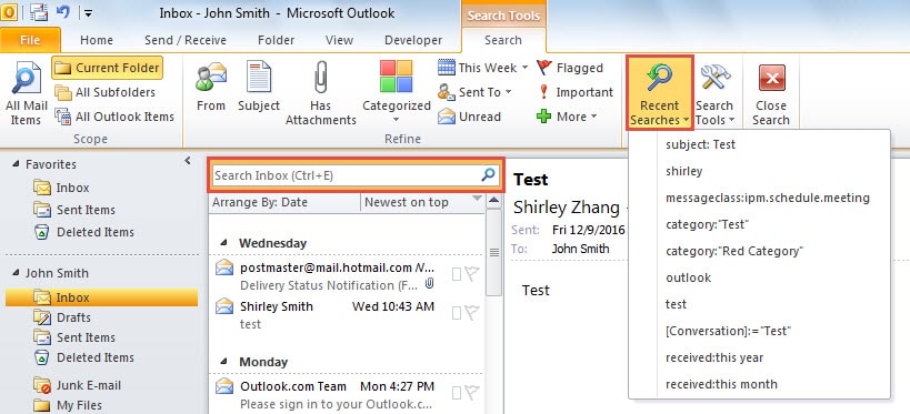 Rechercher des e-mails dans Outlook