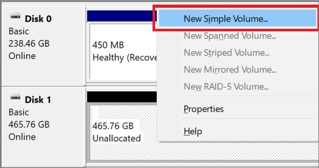 Right-click on unallocated disk and select New Simple Volume