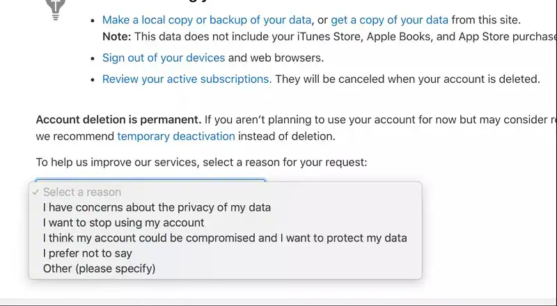 تأكيد حذف حساب iCloud