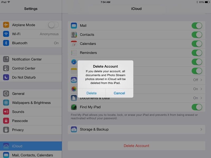 iPad Delete iCloud Account