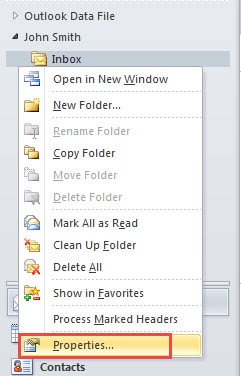Mover para propriedades no arquivo de dados do Outlook