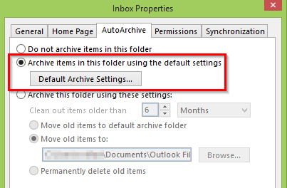 Item Arsip Otomatis dengan settingan default