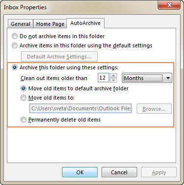Move old items to default archive folder in Outlook