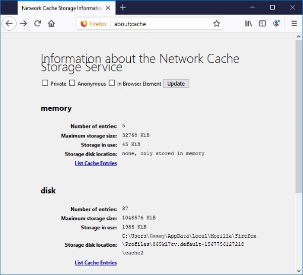 informazioni relative alla cache di rete visualizzate
