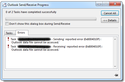 Erro de envio e recebimento do Outlook 0x8004010f