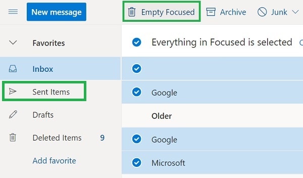 Eliminar elementos enviados de Outlook