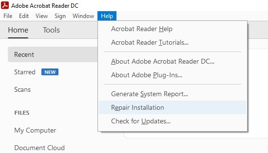 Reparar la instalación de Adobe Acrobat Reader