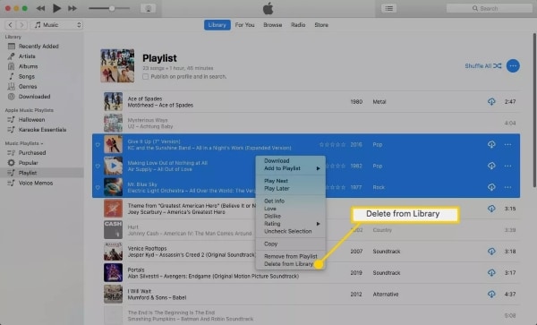 delete songs from itunes playlist