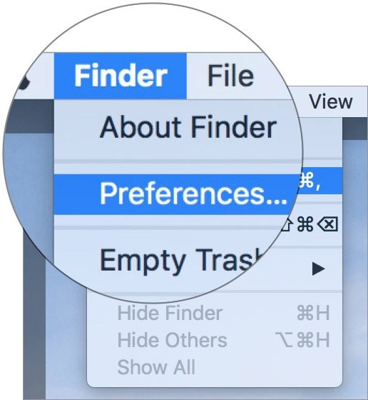 fai clic sull'opzione finder su mac