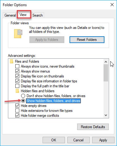 pilih perlihatkan folder dan drive file tersembunyi di tab tampilan