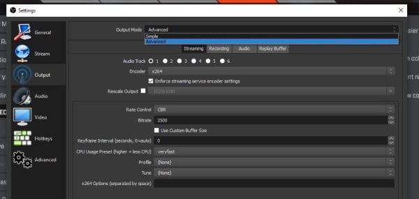open output settings in obs