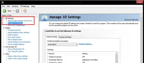 Pulsa en Administrar la Configuración 3D.